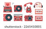 Set of modern creative clip arts with retro devices, typewriter, record player, vinyl, headset, earphones, cassette, mixtape, radio, boombox, telephone. Vintage concept. Flat design. For sticker, card