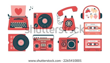 Set of modern creative clip arts with retro devices, typewriter, record player, vinyl, headset, earphones, cassette, mixtape, radio, boombox, telephone. Vintage concept. Flat design. For sticker, card