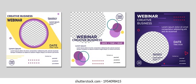 Conjunto de plantillas creativas de post de seminarios web en medios sociales para el diseño de conceptos. Adecuado para banner de promoción de marketing en línea, webinar, seminario, volante, anuncios, etc.