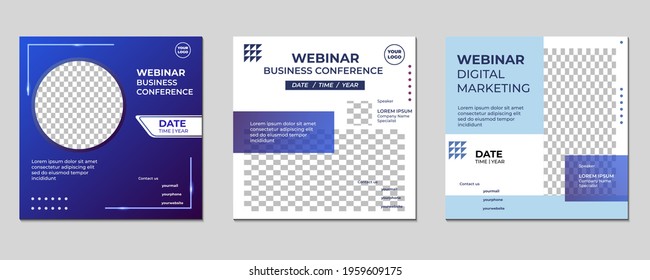 Set of modern creative webinar social media post templates for concept design with blue color.  Suitable for online marketing promotion banner, webinar, seminar, flyer, ads, etc.