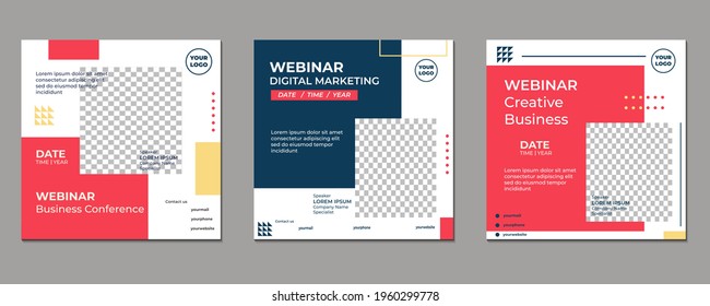 Set Of Modern Creative Webinar Social Media Post Templates For Concept Design With Blue And Red Color. Suitable For Online Marketing Promotion Banner, Webinar, Seminar, Flyer, Ads, Etc.