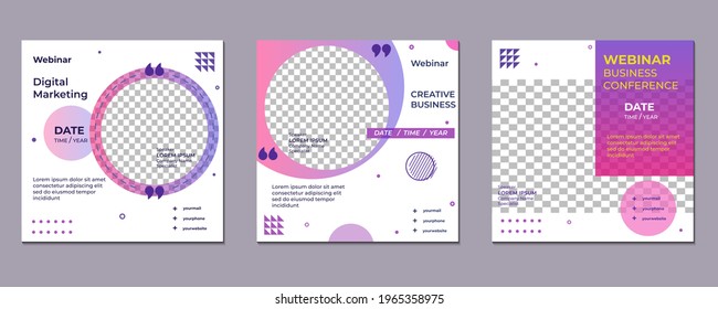 Set of modern creative webinar social media post templates for concept design with gradient purple color. Suitable for online marketing promotion banner, webinar, seminar, flyer, ads, etc.