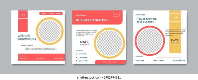 Conjunto de plantillas creativas de post de seminarios web en medios sociales. Adecuado para banner de promoción de marketing en línea, webinar, seminario, volante, anuncios, etc.