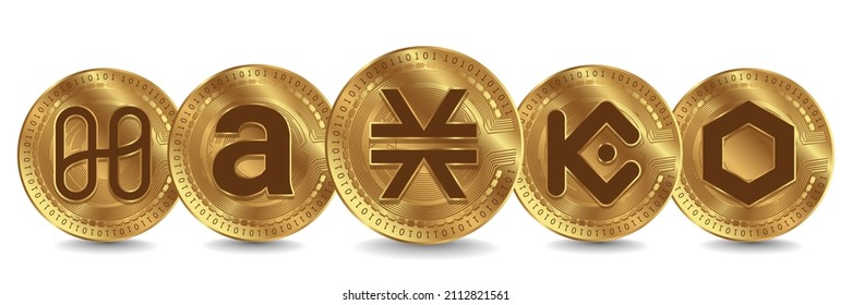 Set of modern cryptocurrency logo in golden coin vector illustration. Stacks, kucoin token, chainlink, arweave, and Harmony crypto symbols isolated in white background. svg