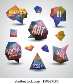 Set of modern crystal colored labels, stamps, signs, marks and calligraphy, text and stickers
