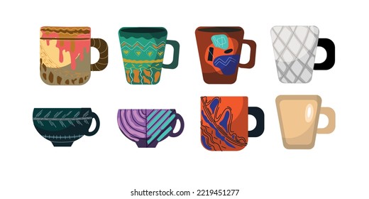 Set of modern cups, cartoon teacup vector illustration. Collection for  tea ceremony party or breakfast, circle, line, hand drawn pattern on cup . 