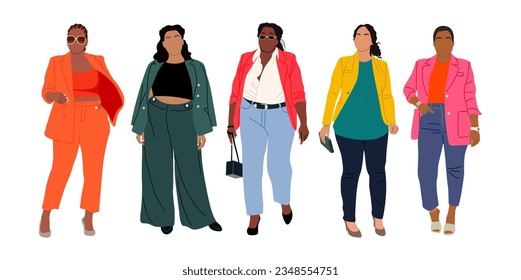 Conjunto de mujeres modernas y onduladas que visten un colorido y elegante traje informal de oficina. Dibujo vectorial realista de caricatura multirracial diversa más chicas de talla Aisladas sobre fondo blanco