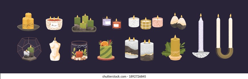 Set of modern cute burning candles with candlesticks and in jars or cups. Collection of trendy home decorative elements of different shape and color. Flat vector illustration isolated on black.