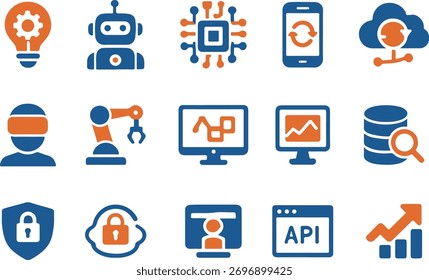 Conjunto de iconos modernos de tecnología de vanguardia que ilustran conceptos como la automatización, la robótica, la computación en la nube y la inteligencia artificial. Perfecto para presentar conceptos tecnológicos.