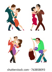 Set of modern dancing young couples. Dancer woman and man, tango dance romantic, vector illustration