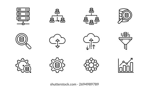 Set of modern data management and cloud technology icons for digital applications and services vector