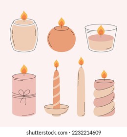 Set of modern decorative burning candles. Wax candles for home aromatherapy, relax and spa. Vector illustration