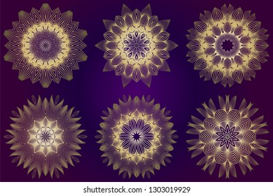 Set of Modern Decorative Floral Mandala. Decorative Cicle Ornament. Floral Design. Vector Illustration. Can Be Used For Textile, Greeting Card, Coloring Book, Phone Case Print. Purple gold color.