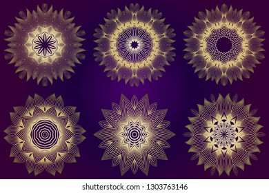 Set of Modern Decorative Floral Mandala. Decorative Cicle Ornament. Floral Design. Vector Illustration. Can Be Used For Textile, Greeting Card, Coloring Book, Phone Case Print. Purple gold color.