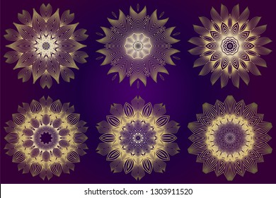 Set of Modern Decorative Floral Mandala. Decorative Cicle Ornament. Floral Design. Vector Illustration. Can Be Used For Textile, Greeting Card, Coloring Book, Phone Case Print. Purple gold color.