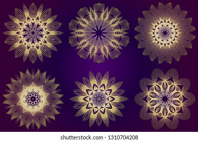 Set of Modern Decorative Floral Mandala. Decorative Cicle Ornament. Floral Design. Vector Illustration. Can Be Used For Textile, Greeting Card, Coloring Book, Phone Case Print. Purple gold color.