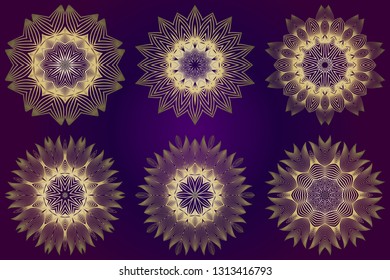 Set of Modern Decorative Floral Mandala. Decorative Cicle Ornament. Floral Design. Vector Illustration. Can Be Used For Textile, Greeting Card, Coloring Book, Phone Case Print. Purple gold color.
