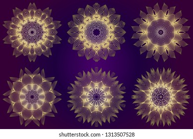 Set of Modern Decorative Floral Mandala. Decorative Cicle Ornament. Floral Design. Vector Illustration. Can Be Used For Textile, Greeting Card, Coloring Book, Phone Case Print. Purple gold color.