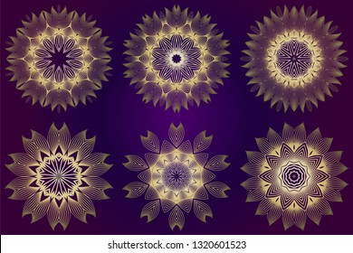 Set of Modern Decorative Floral Mandala. Decorative Cicle Ornament. Floral Design. Vector Illustration. Can Be Used For Textile, Greeting Card, Coloring Book, Phone Case Print. Purple gold color.