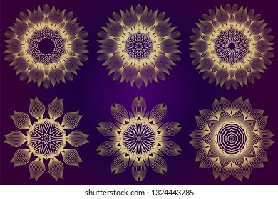 Set of Modern Decorative Floral Mandala. Decorative Cicle Ornament. Floral Design. Vector Illustration. Can Be Used For Textile, Greeting Card, Coloring Book, Phone Case Print. Purple gold color.