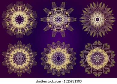 Set of Modern Decorative Floral Mandala. Decorative Cicle Ornament. Floral Design. Vector Illustration. Can Be Used For Textile, Greeting Card, Coloring Book, Phone Case Print. Purple gold color.