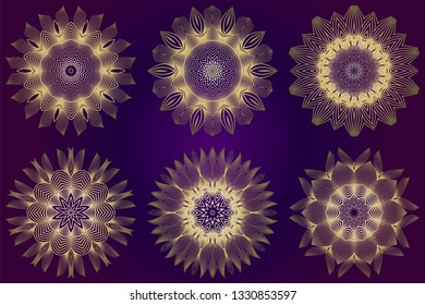 Set of Modern Decorative Floral Mandala. Decorative Cicle Ornament. Floral Design. Vector Illustration. Can Be Used For Textile, Greeting Card, Coloring Book, Phone Case Print. Purple gold color.