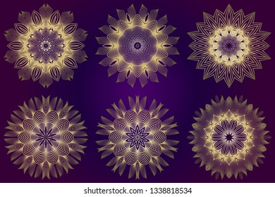 Set of Modern Decorative Floral Mandala. Decorative Cicle Ornament. Floral Design. Vector Illustration. Can Be Used For Textile, Greeting Card, Coloring Book, Phone Case Print. Purple gold color.