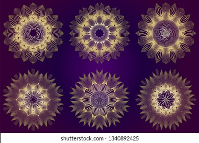 Set of Modern Decorative Floral Mandala. Decorative Cicle Ornament. Floral Design. Vector Illustration. Can Be Used For Textile, Greeting Card, Coloring Book, Phone Case Print. Purple gold color.