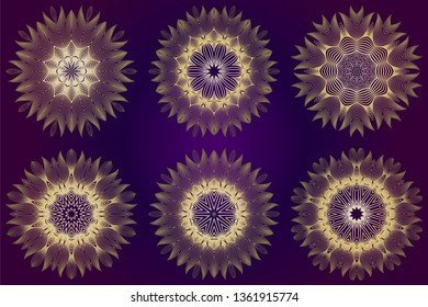 Set of Modern Decorative Floral Mandala. Decorative Cicle Ornament. Floral Design. Vector Illustration. Can Be Used For Textile, Greeting Card, Coloring Book, Phone Case Print. Purple gold color.