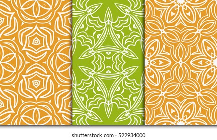 set of modern decorative floral ornament. seamless vector illustration. pattern for background, page fill, wallpaper, interior design. green, orange color