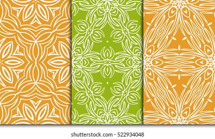 set of modern decorative floral ornament. seamless vector illustration. pattern for background, page fill, wallpaper, interior design. green, orange color