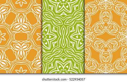 set of modern decorative floral ornament. seamless vector illustration. pattern for background, page fill, wallpaper, interior design. green, orange color
