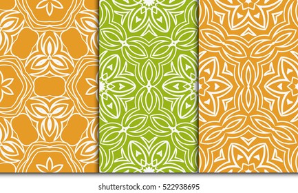 set of modern decorative floral ornament. seamless vector illustration. pattern for background, page fill, wallpaper, interior design. green, orange color
