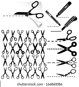 Set Of Modern And Decorative Old Scissors Icons, Box Cutter Knife, Dashed Lines. Cut Here. Vector Illustration.