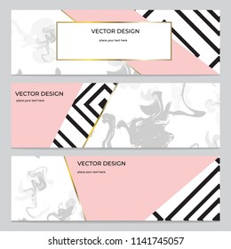 Set of modern design banners with marble, pink and geometric elements
