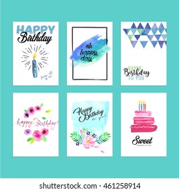 Set of modern design birthday greeting cards. Hand drawn watercolor vector illustration concepts for website banners and print material.