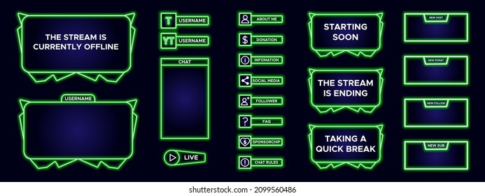 Set of modern design element for overlay game streaming screen panel. Green game frame for internet broadcast and online video. Futuristic live stream frame for interface. Vector technology template.