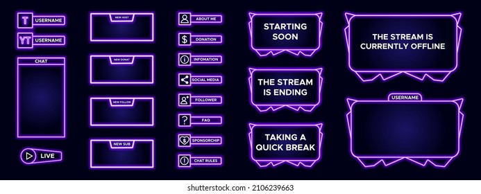 Set of modern design element for overlay game streaming screen panel. Purple game frame for internet broadcast and online video. Futuristic live stream frame for interface. Vector technology template.