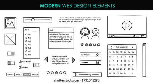 Set modern design elements page template. Website UI UX design hand drawn wire frames. Web elements with navigation, buttons, icons for use on the site. Vector illustration.