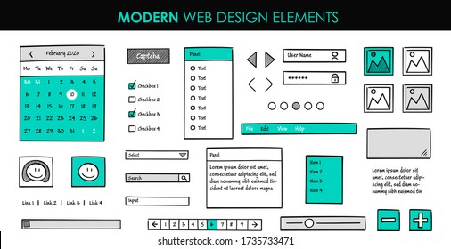 Set modern design elements page template. Website UI UX design hand drawn wire frames. Web elements with navigation, buttons, icons for use on the site. Vector illustration.