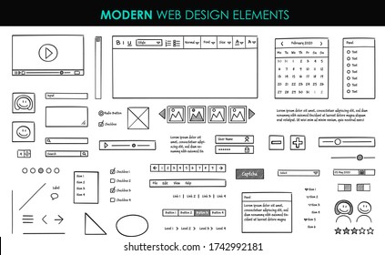 Set modern design elements page template. Website UI UX design hand drawn wire frames. Web elements with navigation, buttons, icons for use on the site. Vector illustration.