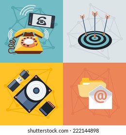 Set modern design with icons for web design and mobile applications, target data storage technology email in flat design style