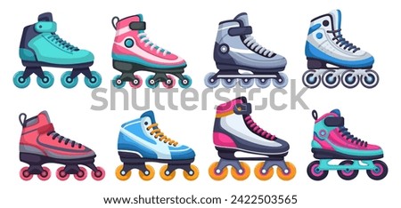 Set of modern design roller skates. Cartoon vector illustration of wheels kid sport shoes. Collection of sport inline skates isolated on white background. Skating rollers for sports adrenaline games.