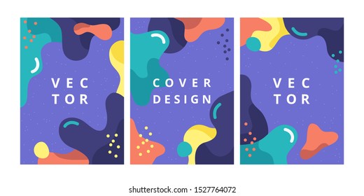 Set of modern design template with abstract wave shapes in memphis style. Minimal fluid background in bright colors for brochure, flyer, banner, poster and branding design. Vector illustration