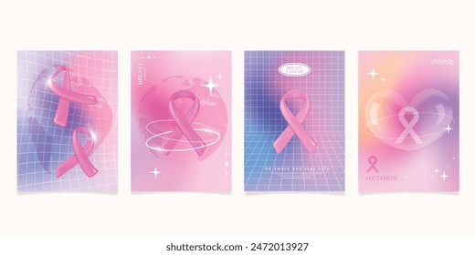 Set of Modern design templates for Breast Cancer Awareness y2k background.