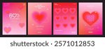 Set of Modern design templates for Valentines day, Love card, banner, poster, cover, sale promotion. Trendy minimalist aesthetic with gradients heart shapes and typography, y2k style backgrounds.