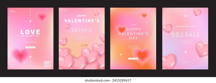 Conjunto de plantillas de diseño modernas para el día de San Valentín, tarjeta de amor, banner, afiche, portada, invitación. Estética minimalista de moda con gradientes y tipografía, fondos y2k. ilustración vectorial.