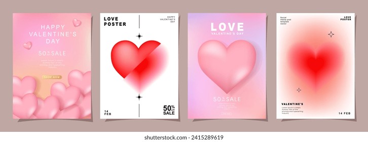 Set of Modern design templates for Valentines day, Love card, banner, poster, cover, invitation. Trendy minimalist aesthetic with gradients and typography, y2k backgrounds. vector illustration.