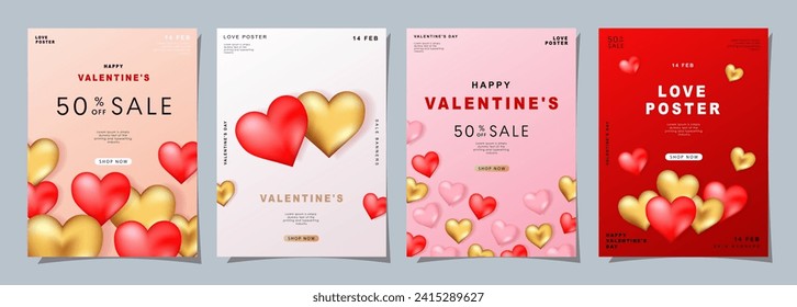 Conjunto de plantillas de diseño modernas para el día de San Valentín, tarjeta de amor, banner, afiche, portada, invitación. Estética minimalista de moda con gradientes y tipografía, fondos y2k. ilustración vectorial.