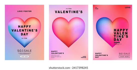 Conjunto de plantillas de diseño modernas para el día de San Valentín, tarjeta de amor, banner, afiche, portada, invitación. Estética minimalista de moda con gradientes y tipografía, fondos y2k. ilustración vectorial.